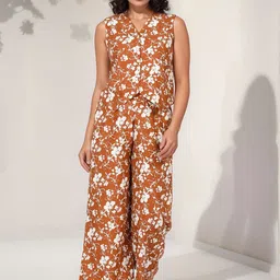 Routes by All About You Linen Floral Printed V-Neck Top With Trousers Co-Ords-55