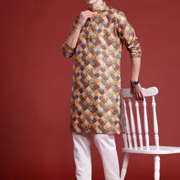 MANQ Men Geometric Printed Flared Sleeves Mirror Work Kurta image 5