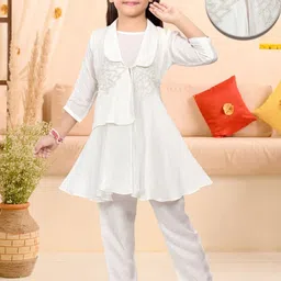 Pehanaava Girls Ethnic Motifs Embroidered Layered Thread Work Pure Cotton Kurta with Trousers-picture-3