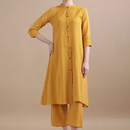 Jaipur Kurti Mustard Yellow Self Design Kantha Work Pure Cotton A-Line Kurta with Trouser-7