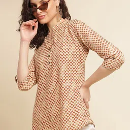 all about you Embellished Print Mandarin Collar Roll-Up Sleeves Top-image-96