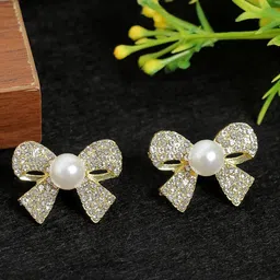 KRENOZ Gold-Plated Pearls & Artificial Stones Studded Beaded Bow Shaped Studs-12