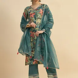 Azira Floral Printed V-Neck Sequinned Straight Kurta With Trouser & Dupatta-picture-17