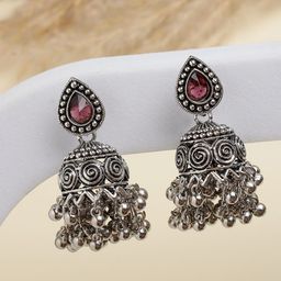 ANIKAS CREATION German Silver Artificial Stones Studded And Beaded Dome Shaped Jhumkas-image-18