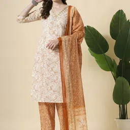 Yufta Floral Printed Mirror Work Pure Cotton Straight Kurta With Trousers & Dupatta-picture-33