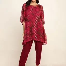 CRAFTBAZAR Women Floral Printed Regular Silk Chiffon Kurta with Trousers-picture-26