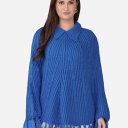 JoE Hazel Self Design Shirt Collar Acrylic Longline Poncho-image-67