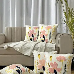 EXPORT HOUSE White & Pink 5 Pieces Floral Square Cushion Covers-55
