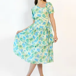 Virgio Tropical Print Tie-Ups Asymmetric Neck Puff Sleeve Fit & Flare Midi Dress-picture-0