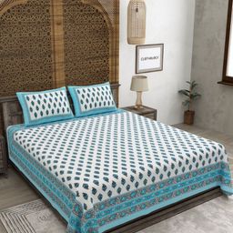 CLOTHOLOGY White & Blue Floral 180 TC King Bedsheet with 2 Pillow Covers-image-19