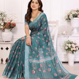 vj fashion Floral Print Zari Linen Saree-56