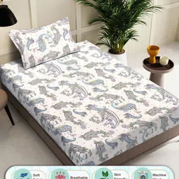 Myntra Elegant Homes Beige & Blue Ethnic Printed 300 TC Single Bedsheet Set 2.2 m x 1.5 m-image-91