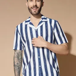 GLITO Men Modern Cuban Collar Multi Striped Cotton Relaxed Fit Casual Shirt-image-59