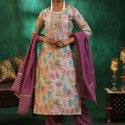 Libas Floral Printed Regular Thread Work Straight Kurta with Trousers & Dupatta image 5