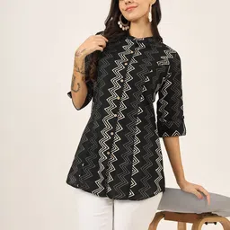 BAESD Floral Print Mandarin Collar Roll-Up Sleeves Ethnic Cotton Top-image-58