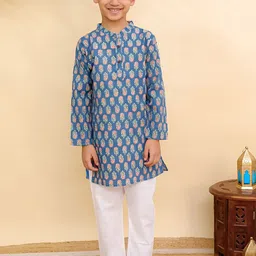 The Mom Store Boys Floral Printed Mandarin Collar Pure Cotton Straight Kurta With Trousers-48
