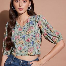 CORSICA Women Floral Print Puff Sleeve Chiffon Crop Top-image-22