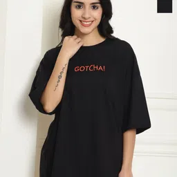Metronaut Women Pack of 2 Typography Printed Round Neck Cotton Oversized T-shirts-image-95