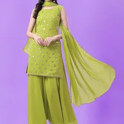 PARROT CREATION Geometric Embroidered Sequinned Georgette Kurti with Sharara And Dupatta-47