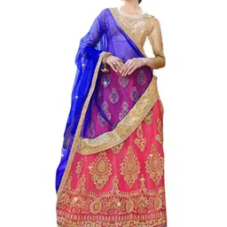 MANVAA Pink & Blue Embroidered Beads and Stones Semi-Stitched Lehenga & Unstitched Blouse With Dupatta-6