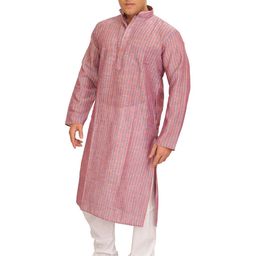 Exotic India Striped Mandarin Collar Pure Cotton Straight Kurta With Trouser-picture-0