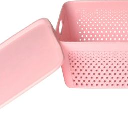 heart home Plastic Netted Design Unbreakable Square Shape Plastic Storage Baskets with lid(Pink) Storage Basket image 4