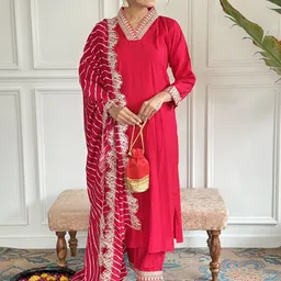 KALINI Yoke Design Sequinned V-Neck Chanderi Silk Kurta With Trousers & Dupatta-picture-5
