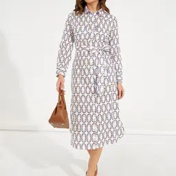 Styli Multi All Over Print Shirt Midi Dress with Tie Belt-image-1