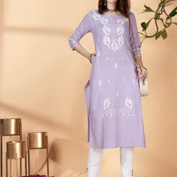 Anouk Floral Embroidered Notch Neck Cotton Straight Kurta-picture-6