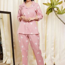 ALLEN WEAVE Women Pure Cotton Lapel Collar Printed Night suit-image-20