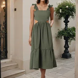 Freehand by The Indian Garage Co Women Self Design Tie ups Fit And Flare Midi Dress-image-5