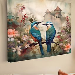 SAF Blue & Peach-Coloured 1 Piece Canvas Birds and Animals Wall Paintings-16