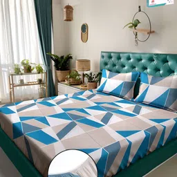 Myntra Elegant Homes Blue & Grey Geometric Printed Fitted 300 TC Super King Bedsheet With 2 Pillow Cover-image-20