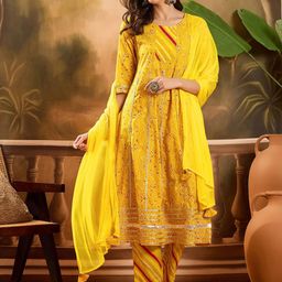 Sangria Bandhani Print Gota Patti Work Pure Cotton Anarkali Kurta With Trousers & Dupatta-picture-3