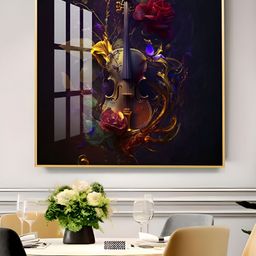 THE NEXT DECOR Black & Blue Violin & Rose Composition Glass Finish Square Wall Art-image-4