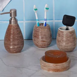 AARVI DECOR STUDIO Brown Pack Of 4 Textured Plastic Bathroom Accessories-picture-12