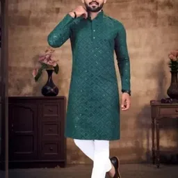 joshi fashion Men Embroidered Straight Kurta (Dark Green)-image-92