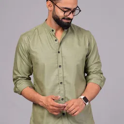 UNIBLISS Men Band Collar Solid Cotton Casual Shirt-image-79
