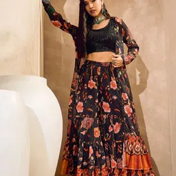 Shae by SASSAFRAS Embellished	Round Neck Crop Top With Sharara & Shrug Co-Ords-image-35