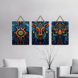 ArtVibes Blue 3 Pieces Tribal Animal Mandala Printed Wooden Hanging Wall Arts-image-30