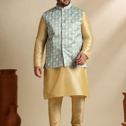 SOJANYA PLUS Mandarin Collar Straight Kurta & Pyjama With Nehru jacket-image-46