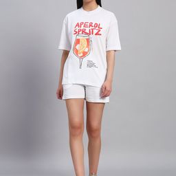 GRIFFEL Printed Oversized-Fit Pure Cotton T-Shirt & Shorts Co-Ord Set-image-87