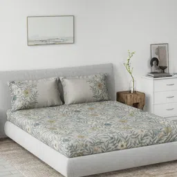 DDecor Grey & Beige Floral Printed Cotton Fitted 145 TC King Bedsheet Set 2.29 m X 2.74 m-image-72