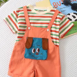 INCLUD Boys Striped T-shirt With Puppy Patch Dungaree Set-image-52