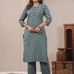 Span Geometric Printed Round Neck Straight Pure Cotton Kurta With Trousers-17