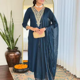 KALINI Ethnic Motifs Embellished Sequined V-Neck A-line Kurta With Trouser & Dupatta image 5