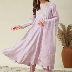 MOKOSH Floral Embroidered Sequnnied Silk Anarkali Kurta With Trousers & Dupatta-26