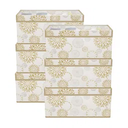 Aura White & Gold-Toned 6 Pieces Floral Printed Drawer Organisers With Transparent Lid-16