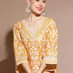 Anouk Mustard Floral Printed Mirror Work Pure Cotton Straight Kurta With Trouser-13