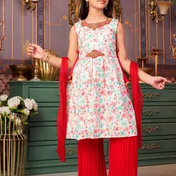 Sangria Girls Floral Printed Round Neck Cotton A-Line Kurta & Sharara With Dupatta-image-87